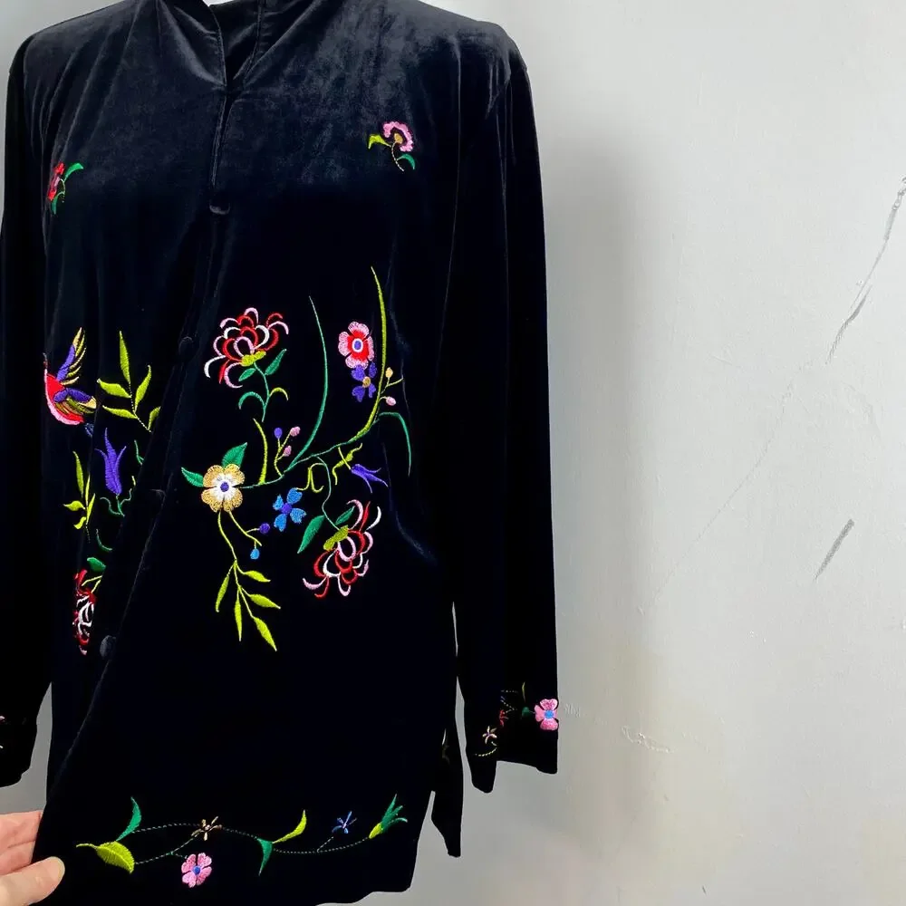 Susan Graver Black Velour Floral Embroidered Button Down Top Kimono Jacket Small - Picture 5 of 10